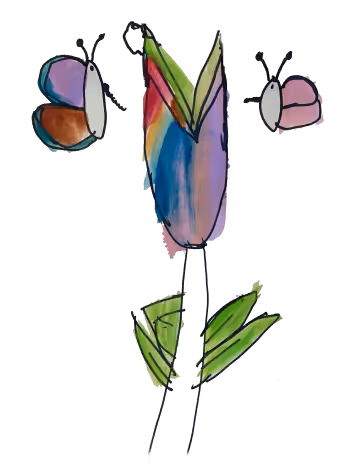 Whimsical watercolor flower with colorful butterflies on delicate stems